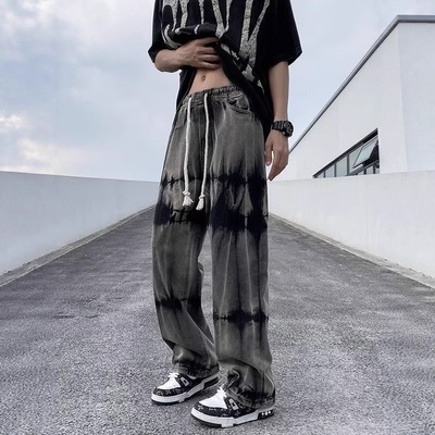 痞帅美式hiphop牛仔裤男秋季款直筒宽松长裤潮牌痞帅美潮高街裤子