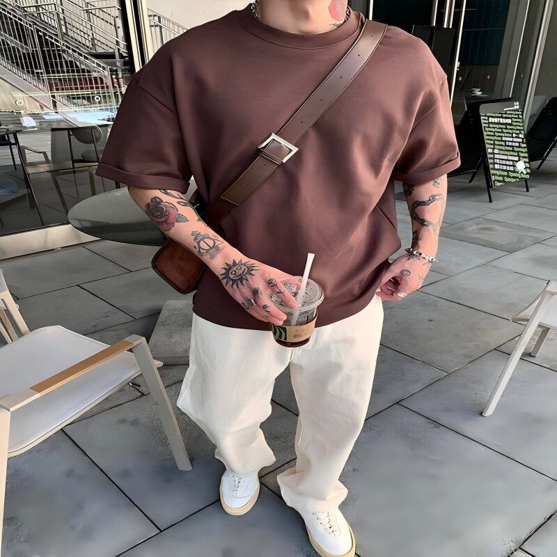 日系230g重磅t恤男女生短袖新疆纯棉圆领宽松纯色打底衫半袖夏季