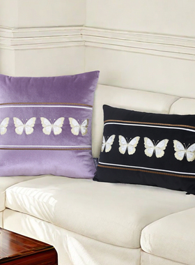 美式中古风绒布蝴蝶刺绣抱枕沙发客厅复古靠垫名宿样板间腰枕靠枕