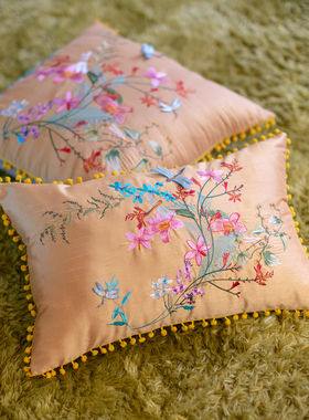 中式抱枕样板间客厅沙发床靠垫绣花靠包靠枕花边装饰长方形腰枕套