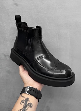 欧货秋季新款布洛克雕花切尔西靴男士纯皮厚底增高真皮皮鞋复古鞋