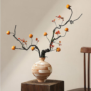 创意中式仿古陶瓷花瓶禅意粗陶罐水培花插柿子仿真花柿柿如意摆件