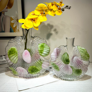 圆形波点网红花瓶条纹透明玻璃水培大肚插花器餐桌仿真玉兰花摆件