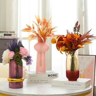 样板房粉紫色水培泡泡浮雕玻璃花瓶餐桌面仿真花艺摆件高级感插花