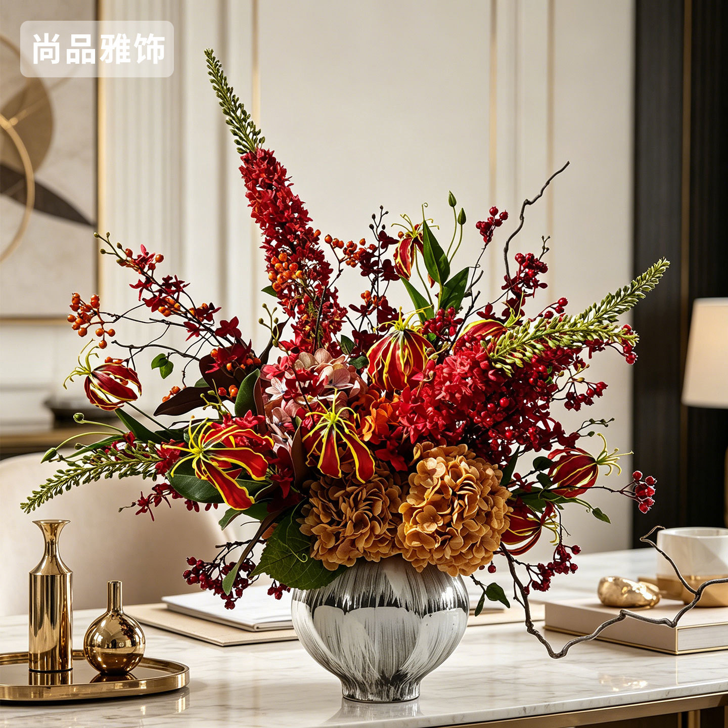 轻奢新中式嘉兰百合仿真花艺客厅玄关别墅样板房高档假花装饰摆件