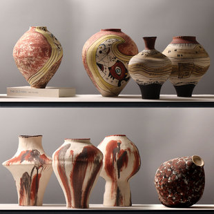 手绘民族风条纹侘寂风陶罐花瓶摆件高级感中式仿古陶瓷客厅插花器