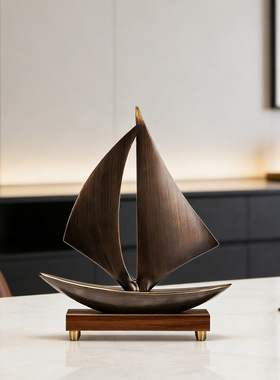 美式古铜色一帆风顺帆船模型摆件
