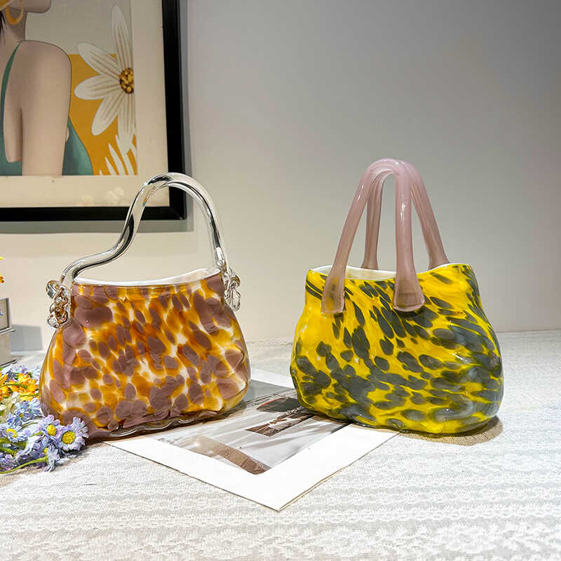 琉璃手提包包琥珀纹花瓶玻璃创意轻奢水晶鲜花水养摆件客厅插花器