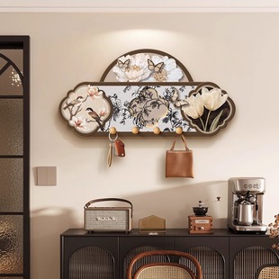 中式花鸟装饰画挂钩入户玄关钥匙收纳挂架宋代美学墙面装饰挂衣钩