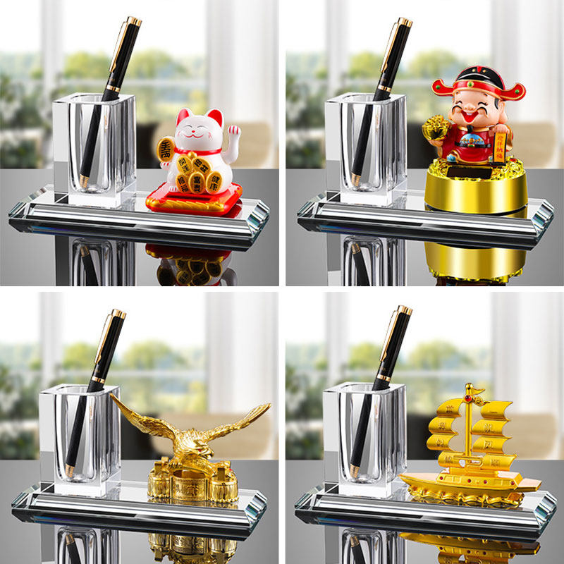 新中式财神爷水晶笔筒高档老板办公桌酒店会所店铺前台招财猫摆件