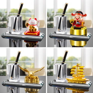 新中式财神爷水晶笔筒高档老板办公桌酒店会所店铺前台招财猫摆件