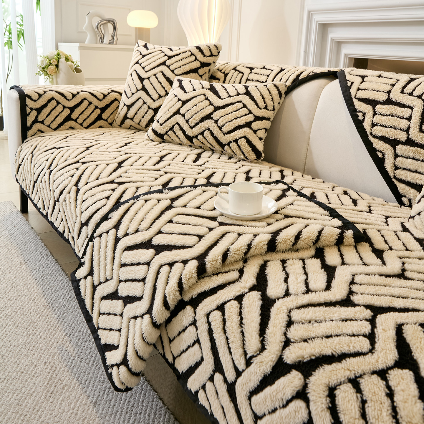 新款秋冬毛绒沙发垫直排加厚坐垫高级感防滑皮沙发专用套罩盖布巾,居家布艺,沙发垫,淘宝优惠券,粉丝福利购,淘宝优惠卷