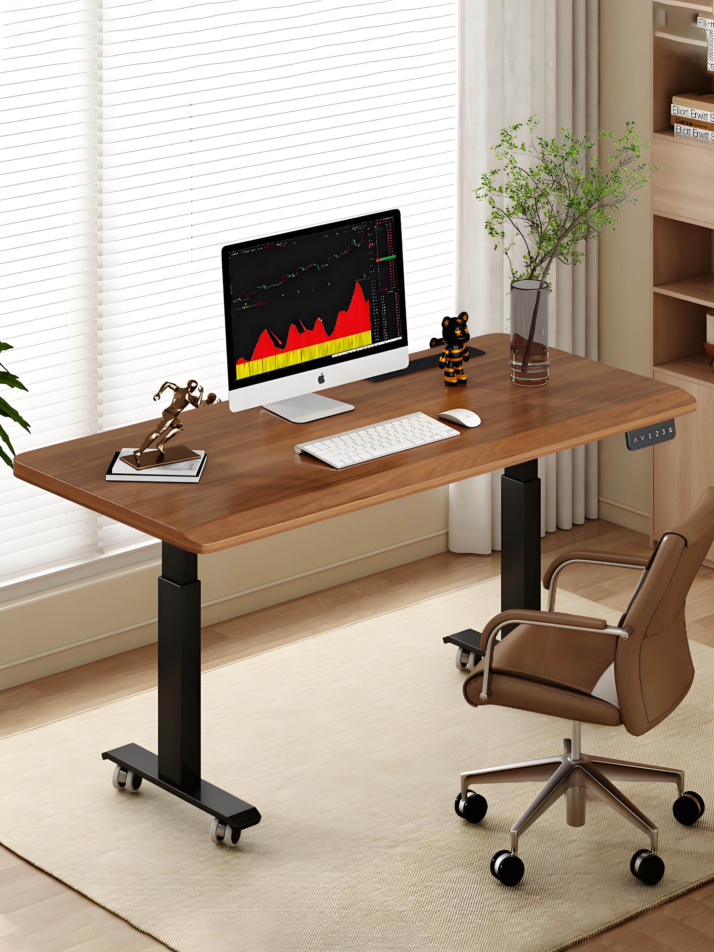 家用电动升降桌高度可调节实木带滑轮可移动多插插座办公电竞学习