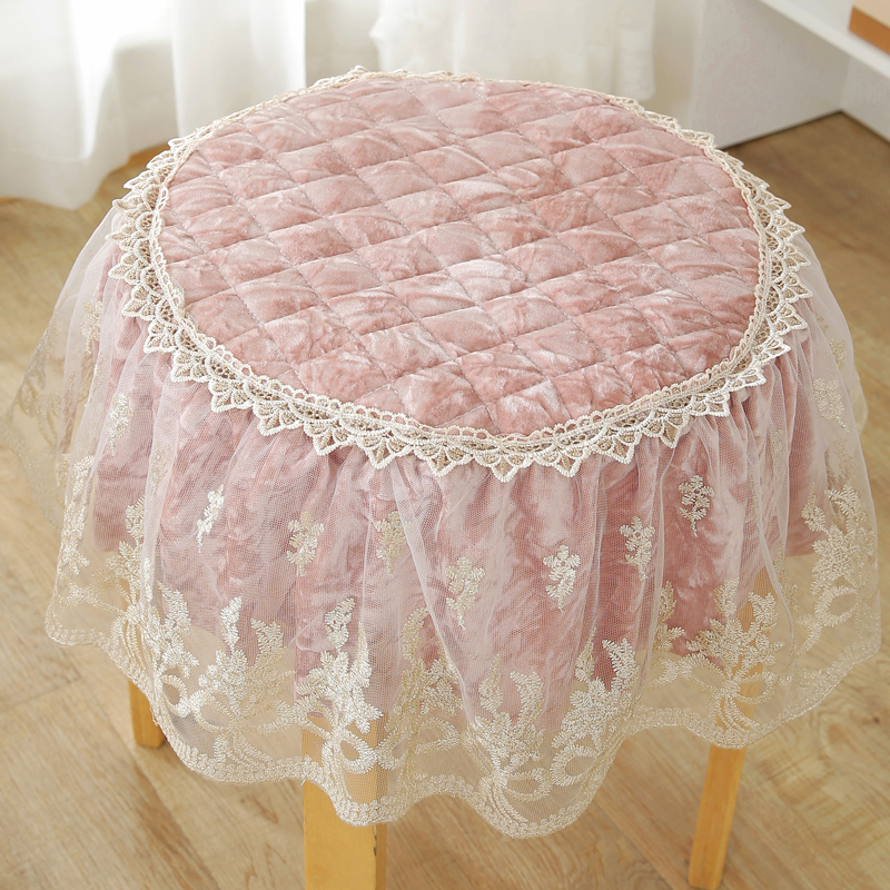 办公室实木防滑夹棉蕾丝纱圆凳坐垫四季通用小圆凳套罩椅子垫定制