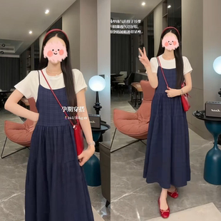 2025套装 夏季 孕妇装 时尚 休闲百搭打底上衣格子吊带裙女两件套 新款