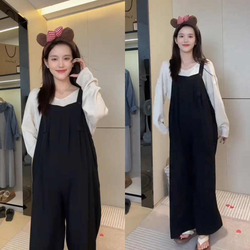 时尚孕妇2025春秋季新款休闲长袖薄款打底宽松上衣纯色背带裤套装