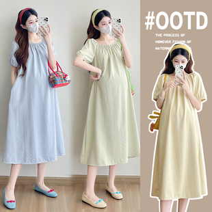 孕妇夏季连衣裙简约圆领泡泡袖大码中长款裙子2026年休闲百搭女