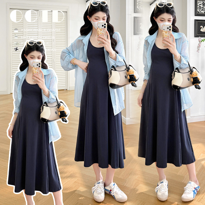 夏季孕妇两件套新款时尚条纹长袖衬衫搭配中长款背心裙2026年女