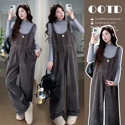 孕妇加绒上衣+宽松背带裤套装