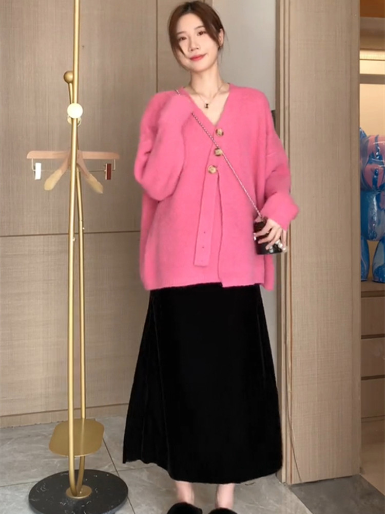 임산부 가을 겨울 솔리드 컬러 정장 긴팔 니트 스웨터 중간 길이 배꼽 지원 스커트 2023 새로운 패션과 다용도