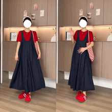 时尚休闲孕妇装夏季套装新款百搭短袖圆领上衣宽松背带裙女两件套