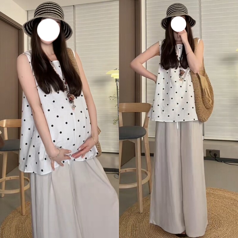 孕妇夏季韩系波点阔腿裤两件套