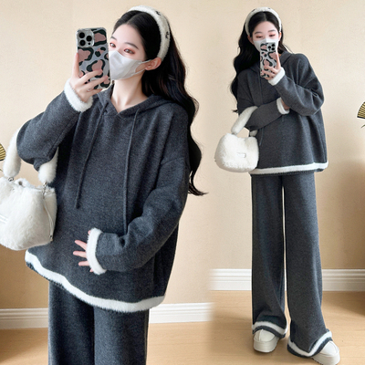 休闲秋冬长袖+裤子纯色孕妇套装