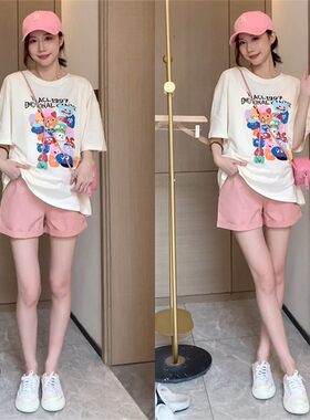 夏季孕妇高腰托腹卡通短裤套装