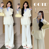 设计感休闲孕妇装 新品 长袖 秋季 假两件针织上衣无托腹阔腿裤 两件套