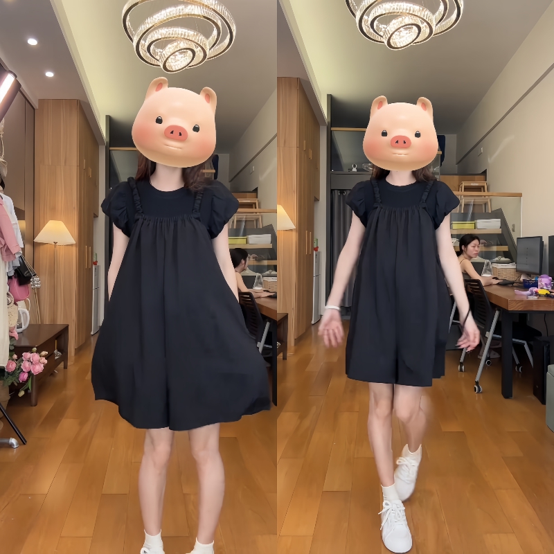 休闲孕妇装2024夏季新款短袖泡泡袖纯色上衣宽松背带裤韩版两件套