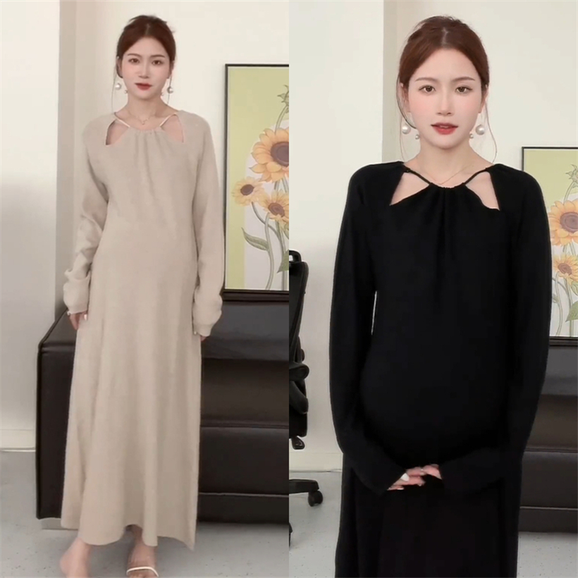 V领2023秋季韩版宽松孕妇连衣裙