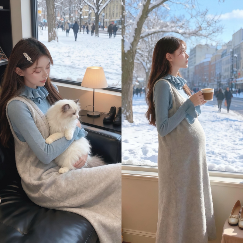 孕妇长袖纯色上衣+背心裙套装
