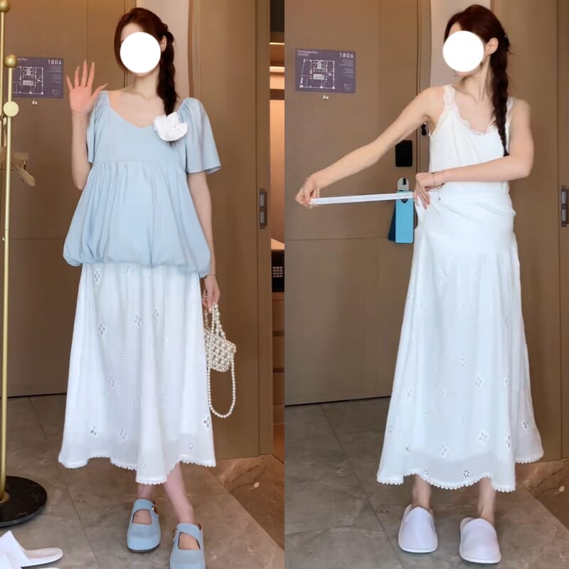 孕妇两件套夏季新款时尚纯色短袖花苞上衣托腹半身裙2026年韩版女