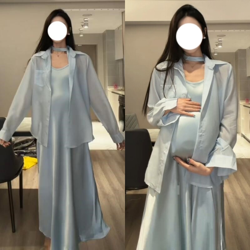 孕妇套装春夏新款时尚长袖纯色衬衫中长款气质吊带裙2026年韩版女