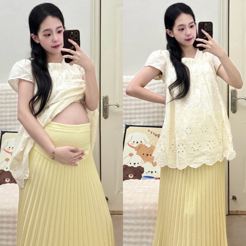孕妇两件套夏季新款时尚小飞袖镂空上衣托腹半身裙2026年韩版女