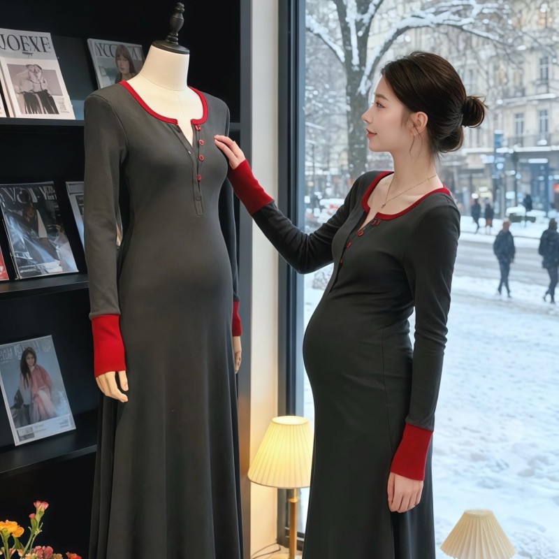 孕妇裙子2025秋冬设计感拼接撞色假两件中长款时尚气质韩版连衣裙,孕妇装/孕产妇用品/营养,连衣裙,淘宝优惠券,粉丝福利购,淘宝优惠卷