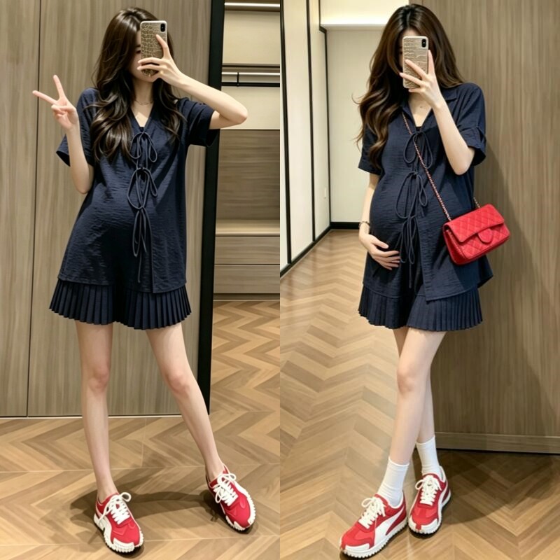 孕妇两件套夏季气质纯色系带大码上衣猪鼻扣百褶裙2026年韩版女