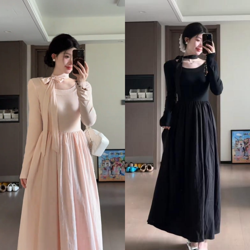 设计感孕妇装裙子长袖系带洋气中长款纯色圆领时尚连衣裙2025新款