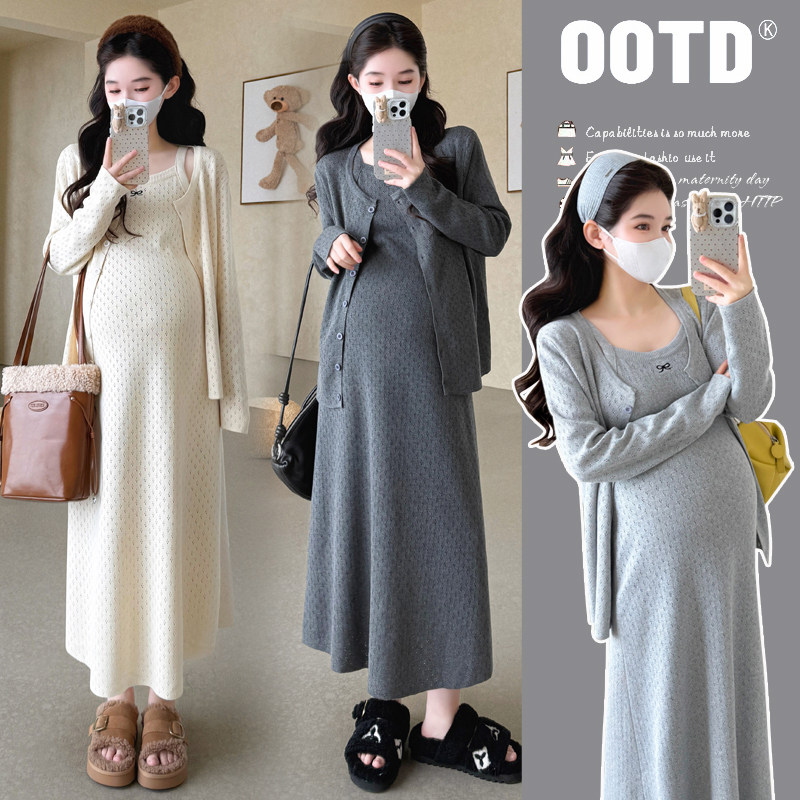 早秋小香风孕妇装2025新款长袖设计感百搭开衫蝴蝶结裙子两件套