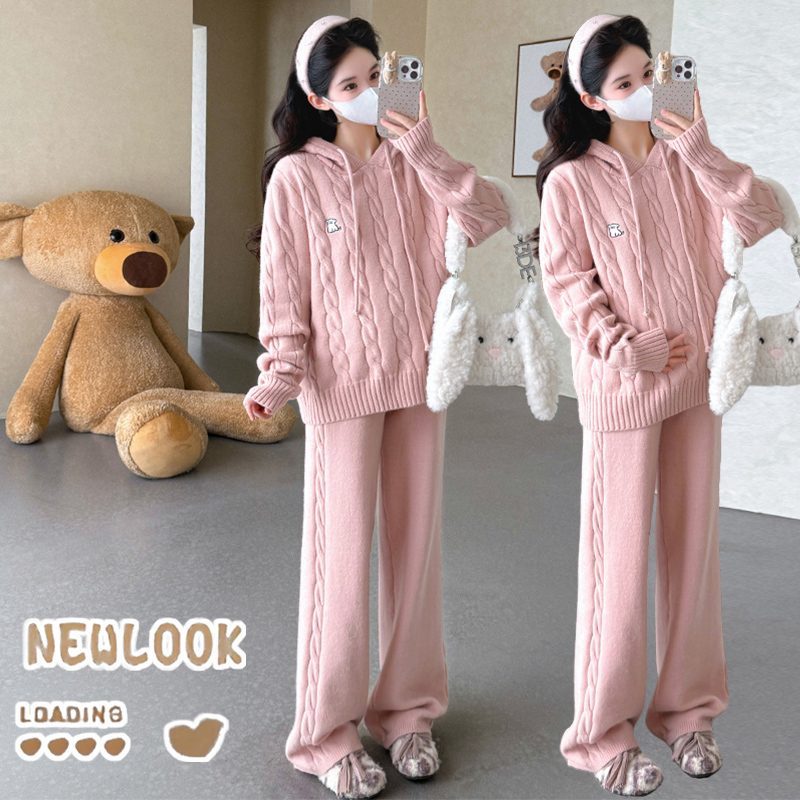 孕妇装秋冬加厚套装时尚麻花高级设计感连帽上衣搭配阔腿裤两件套