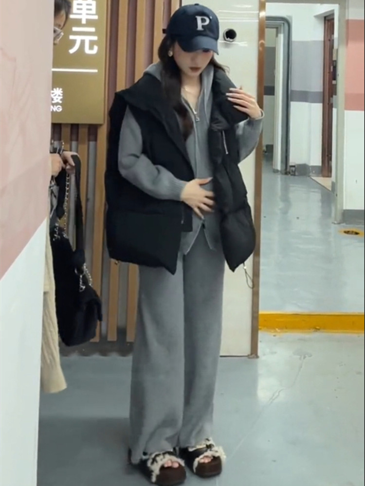 임산부 가을 겨울 3 피스 긴팔 후드 자켓 배꼽 지원 느슨한 바지 코튼 조끼 2023 새로운 패션 여성