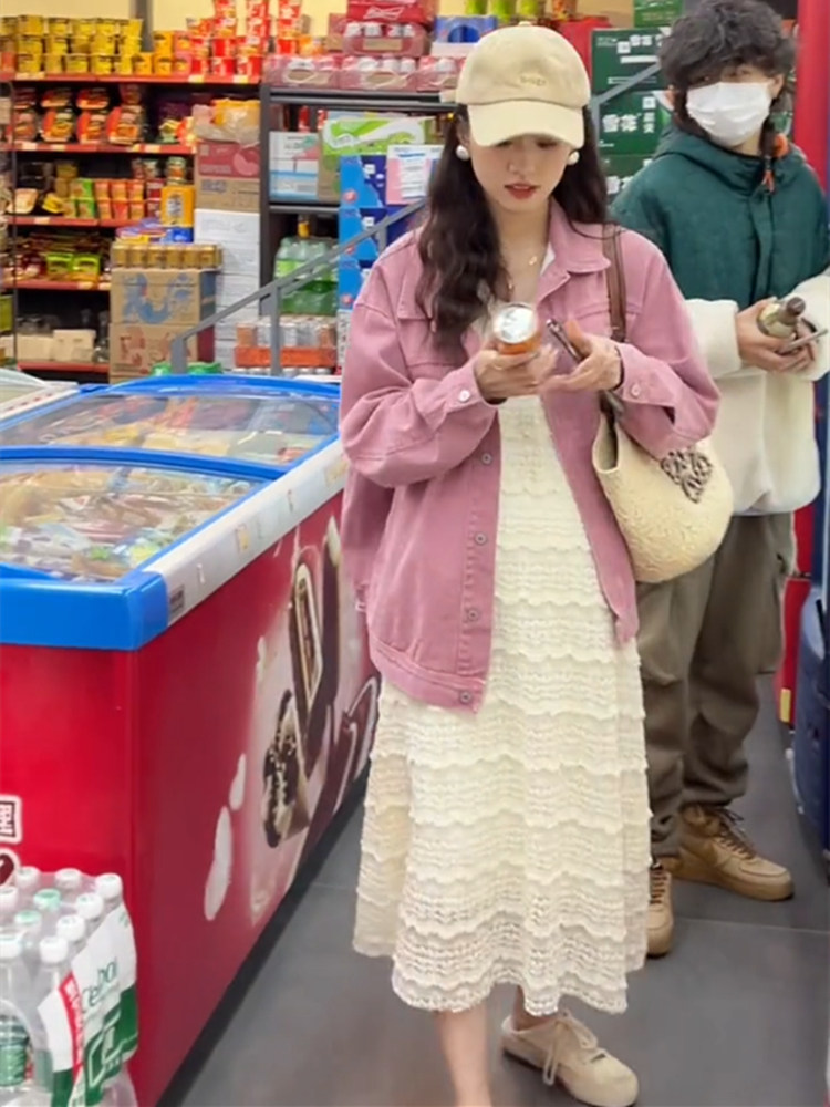 임산부 봄 가을 정장 긴팔 데님 재킷 중간 길이 조끼 스커트 접합 레이스 디자인 2023 새로운 연령 감소