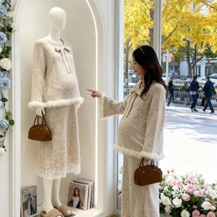 2025秋冬孕妇套装 设计感拼接系带毛衣搭配无托腹半身裙两件套 长袖
