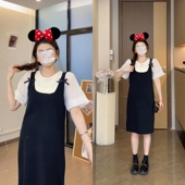 新款 2024夏季 短袖 圆领拼色假两件中长款 连衣裙 时尚 外穿韩版 孕妇装