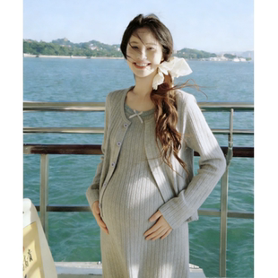 孕妇春秋套装新款时尚大码开衫蝴蝶结中长款吊带裙2026年韩版女