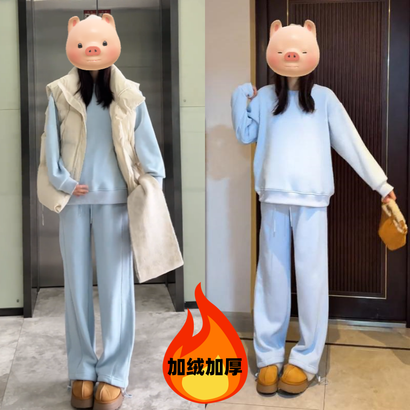 孕妇套装秋冬新款时尚无袖坎肩马甲加绒猪鼻扣卫衣套装2024韩版女