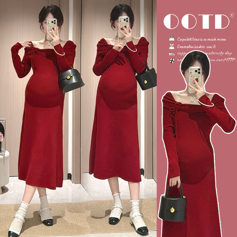 2025时尚孕妇装新款长袖设计感时尚纯色中长款洋气修身韩版连衣裙