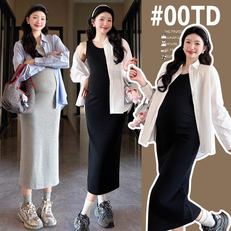 春秋款孕妇套装休闲宽松外穿长袖纯色衬衫中长款背心裙2025两件套