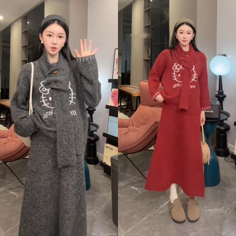 孕妇新款卡通图案2025秋冬宽松针织毛衣搭配围脖可调节半身裙套装