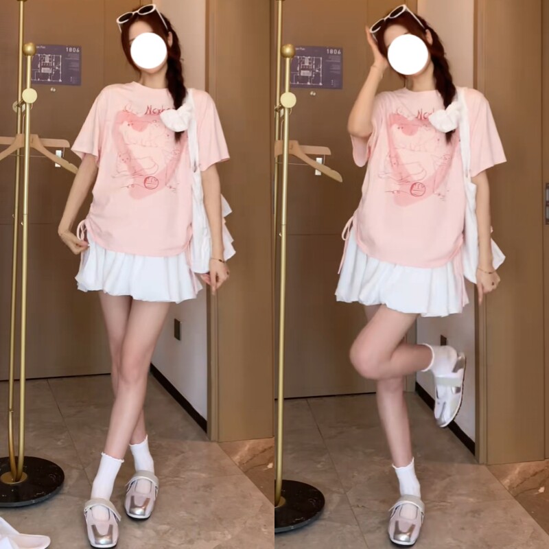 孕妇两件套夏季新款时尚印花抽绳上衣托腹花苞裙裤2026年韩版女